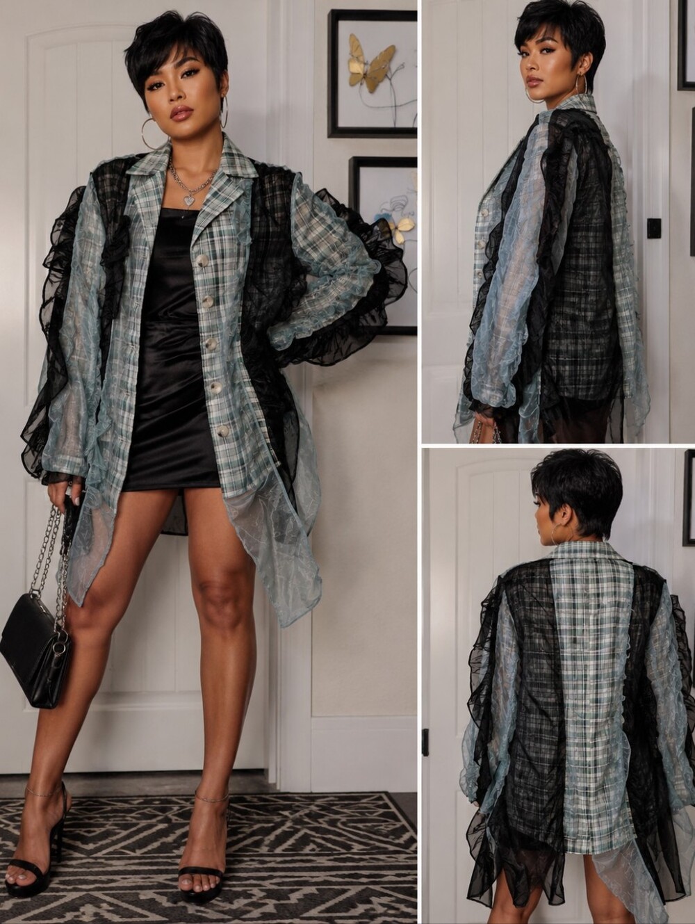 Mint Plaid Ruffle Detail Jacket